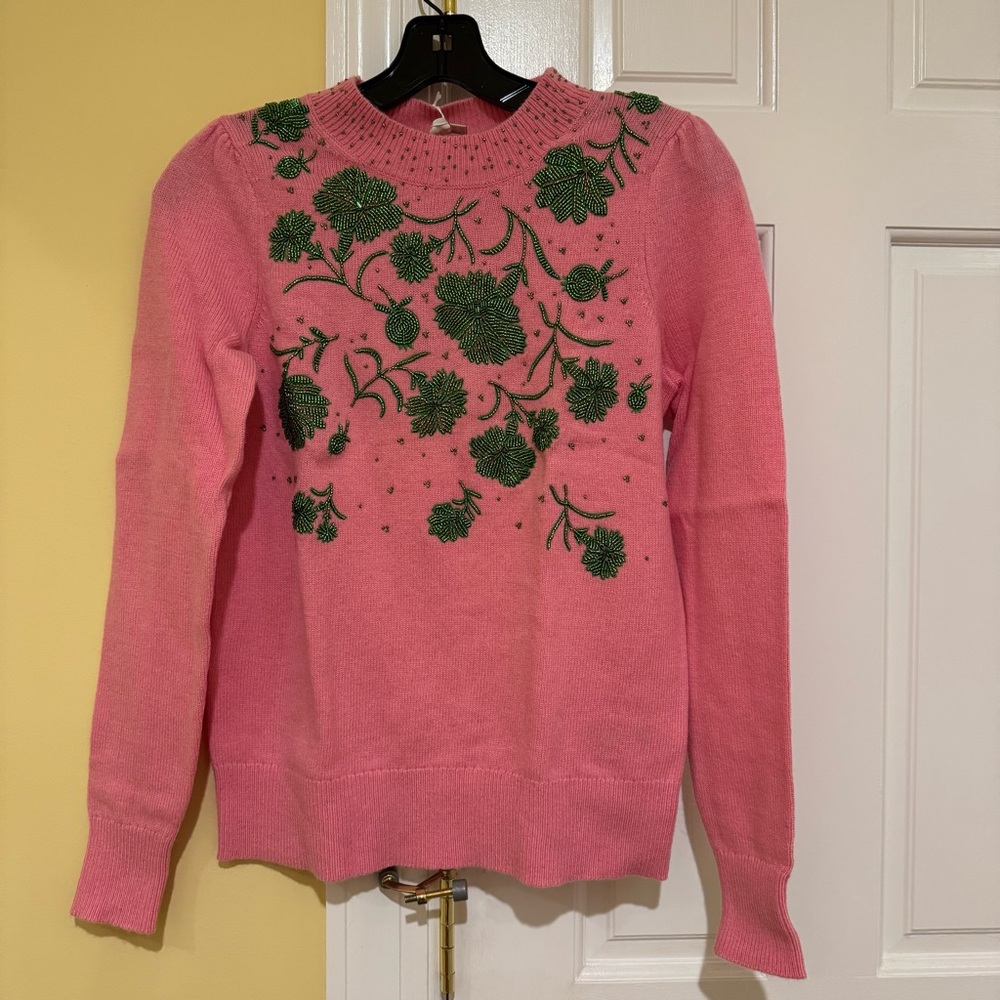 NWT Boden Pink Sweater with Green Floral Bead Accents